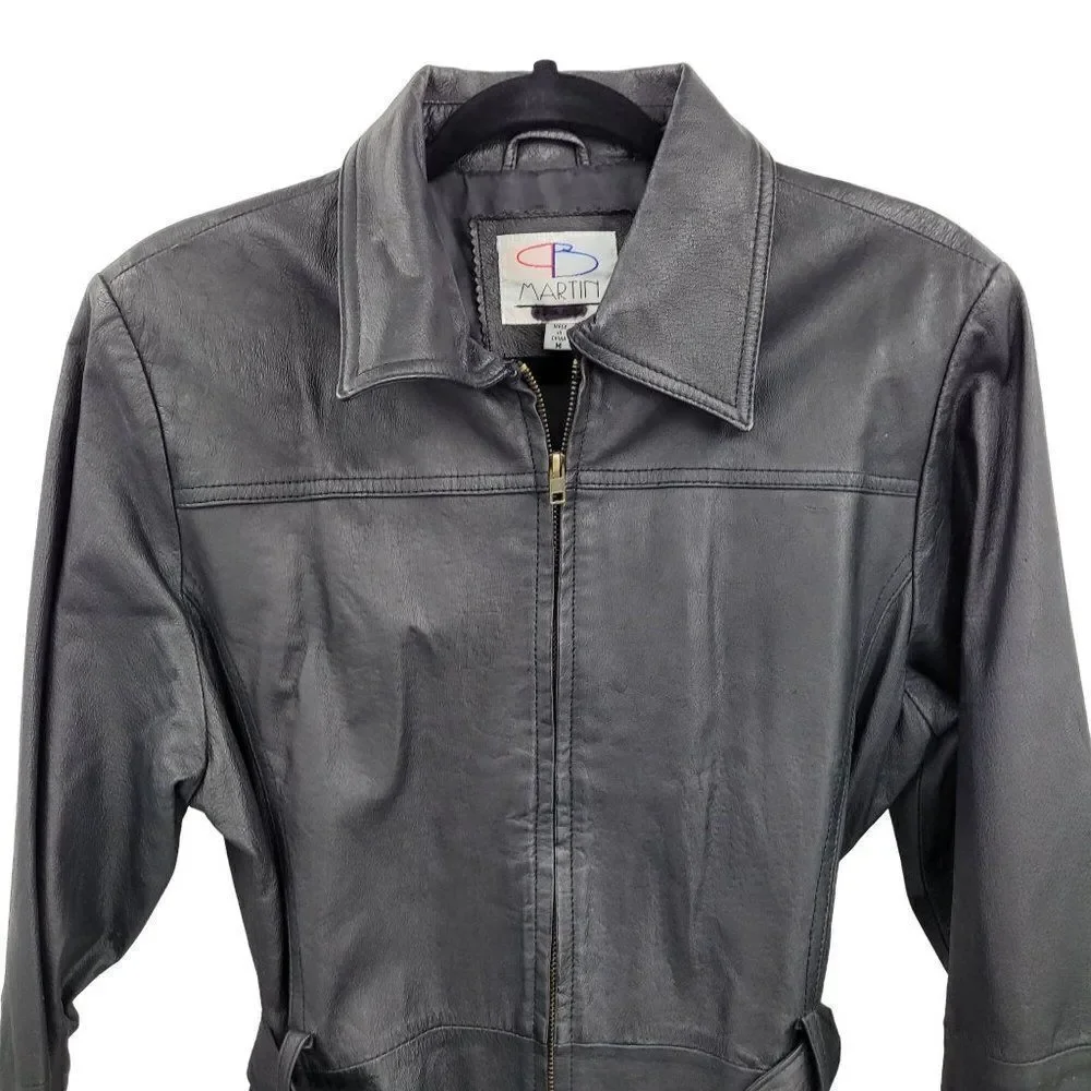 Vintage 80's PB‎ Martin Leather Jacket Moto Baddie Belted Collar Zip Up Black S